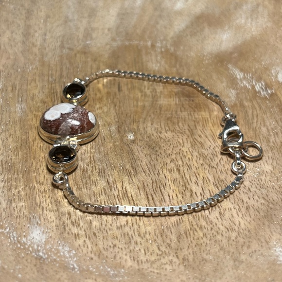 Agate & Smoky Topaz Stone Box Chain 925 Sterling Silver Bracelet - Picture 6 of 15